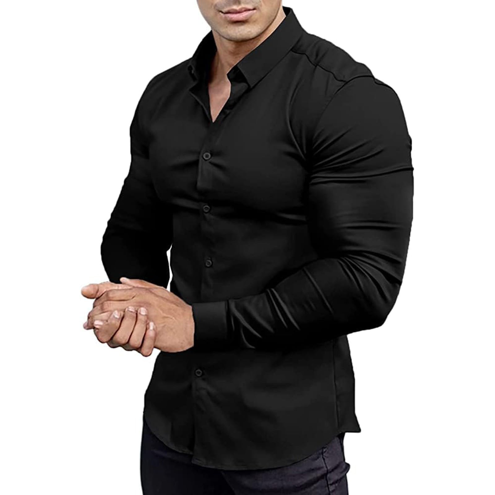 Mens Muscle Fit Stretch Dress Shirt Slim Long Sleeve Button Down for Business Office Formal Casual Shirt