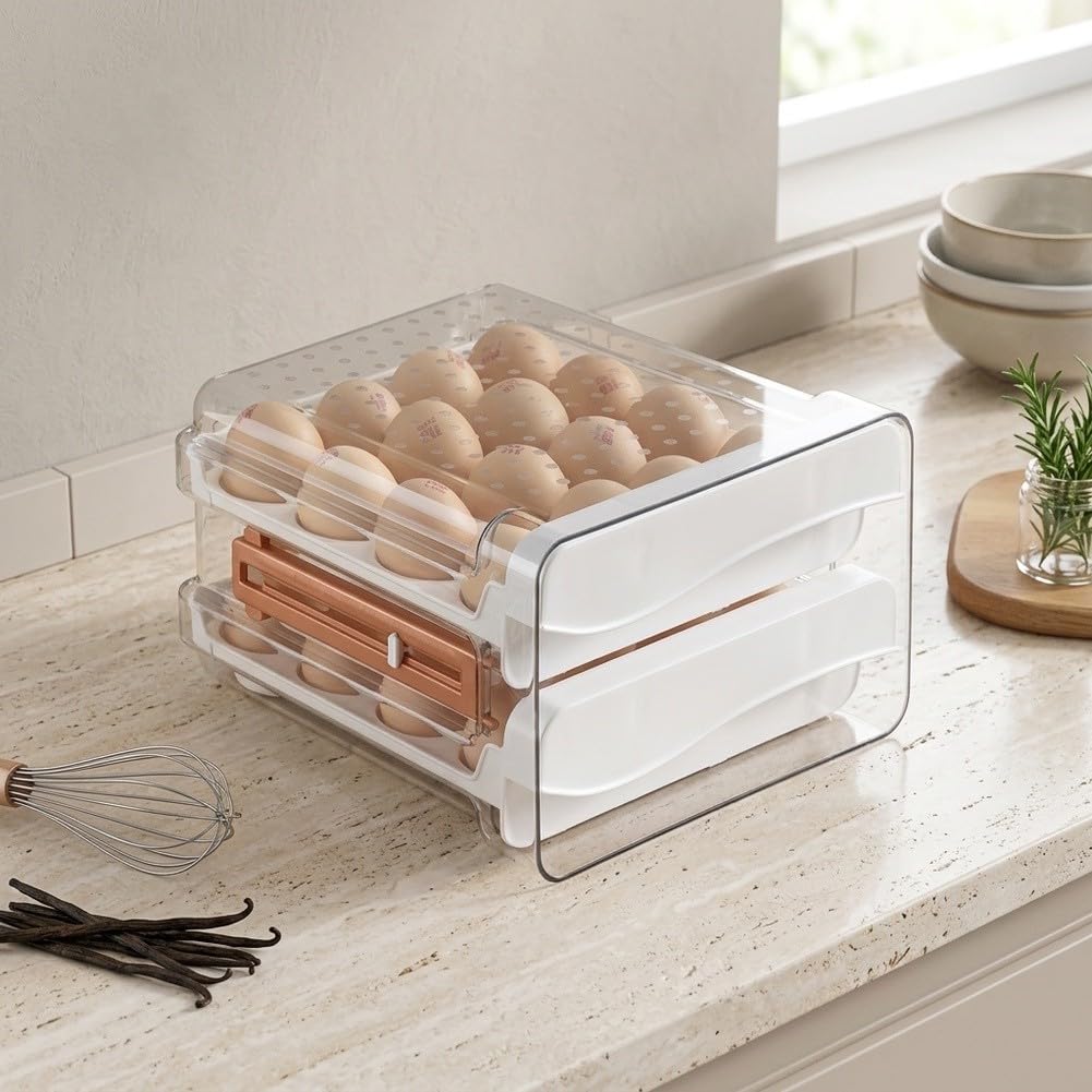 Eierbehälter für Kühlschrank, 2-stöckig stapelbar, 32 Eier Organizer Schublade, transparenter Kunststoff, platzsparend für Küche