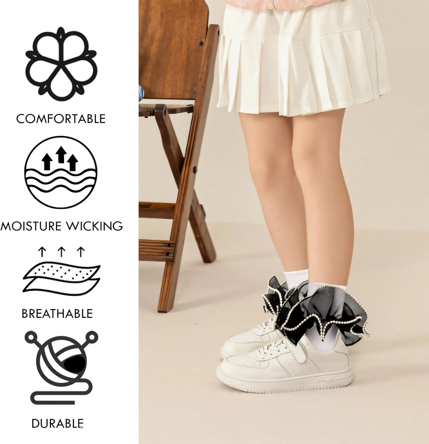 Girls Ruffle Socks, 3 Pairs White Pearls Lace Frilly Dress Socks, Big Turn Cuff Fancy Pageant Sock for Toddler 1-10 - Image 3