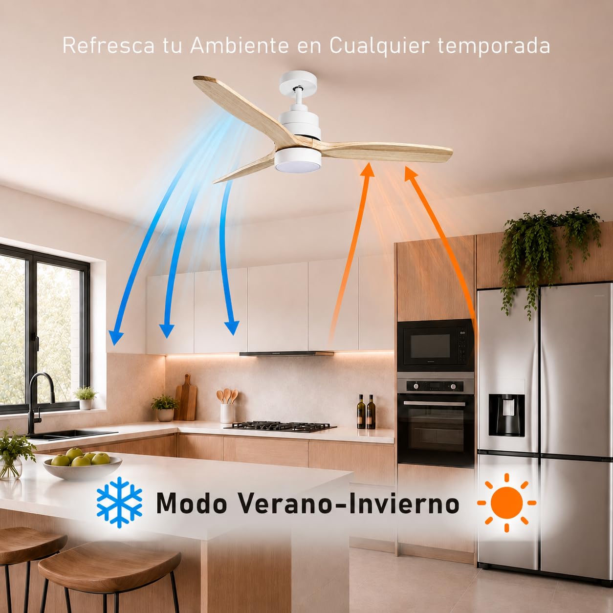 IluminaShop - Ventilador de Techo Led Wing-flat, con mando a distancia, motor DC 50W+Luz Led 18W, 6 velocidades, Silencioso,3 Aspas efecto madera, 132 cm, función verano-invierno, temporizador