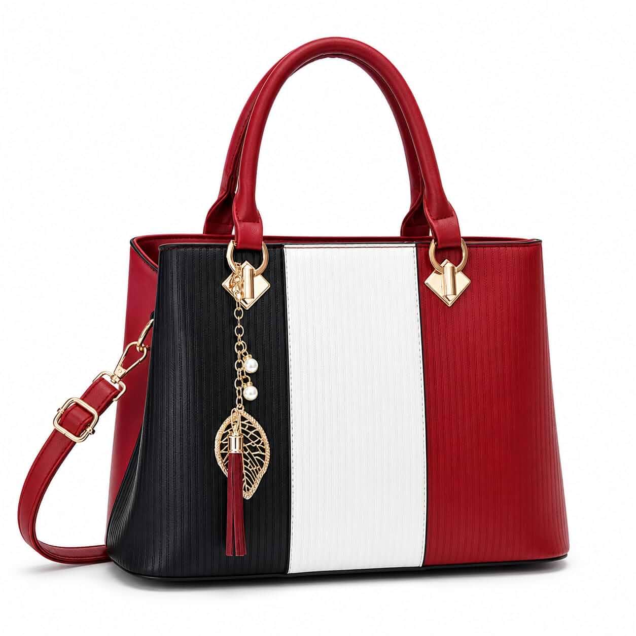 Color Block Handbag for Women, Large Capacity Structured Tote Bag with Top Handles, Adjustable Crossbody Strap and Leaf Charm, Shoulder Purse for Work, Commuting and Everyday Use, Red Black White
