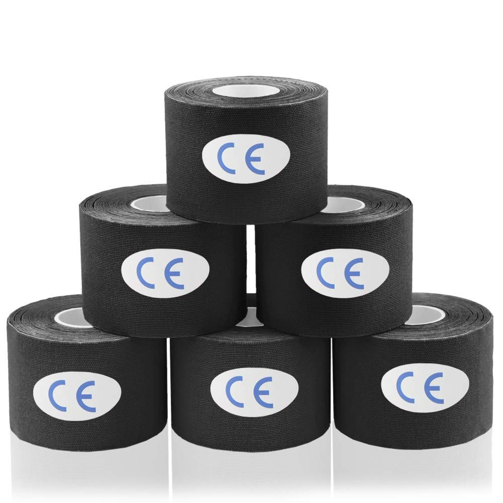 AUPCON Kinesiology Tape Elastic Therapeutic Athletic Tape Hypoallergenic Breathable Cotton Sports Muscle Tape Therapy Recovery Support for Knee Shoulder Ankle Elbow Shin (Black-precut-6rolls)