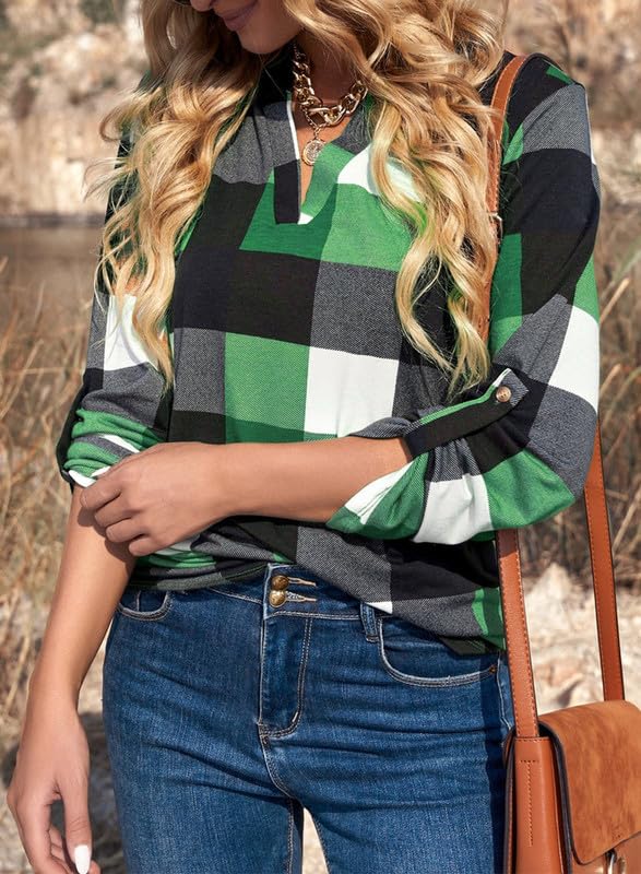 Image of Dokotoo Womens Tops Plaid Cotton Cuffed 3 /4 Sleeve Shirts Blouses