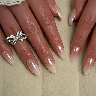 evpct Glazed Press On Nails Short Almond, Ombre Nude to White, Chrome Glazed Glossy Short Almond Fake False Press on Nails, Soft Gel Stick on nail Press ons Nail Kit, Reusable Salon Quality