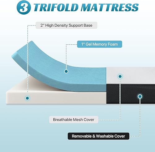 Miniatura 4 de Dkelincs Colchón plegable de espuma viscoelástica triple de 3 pulgadas, portátil, plegable, para campamento, invitados, yoga, blanco (tamaño