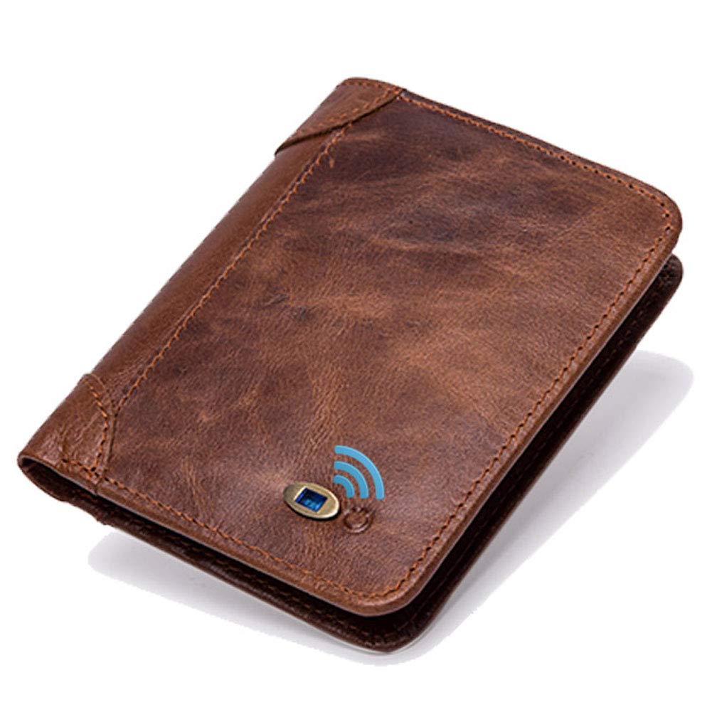 Clever Anti-Lost Wallet with Alarm, Bluetooth, Position Record (via Phone GPS) Tracker Item Finder, Cowhide Leather Locator Vintage Retro Style Trackable Intelligent Minimalist Purse (Brown, Vertical)