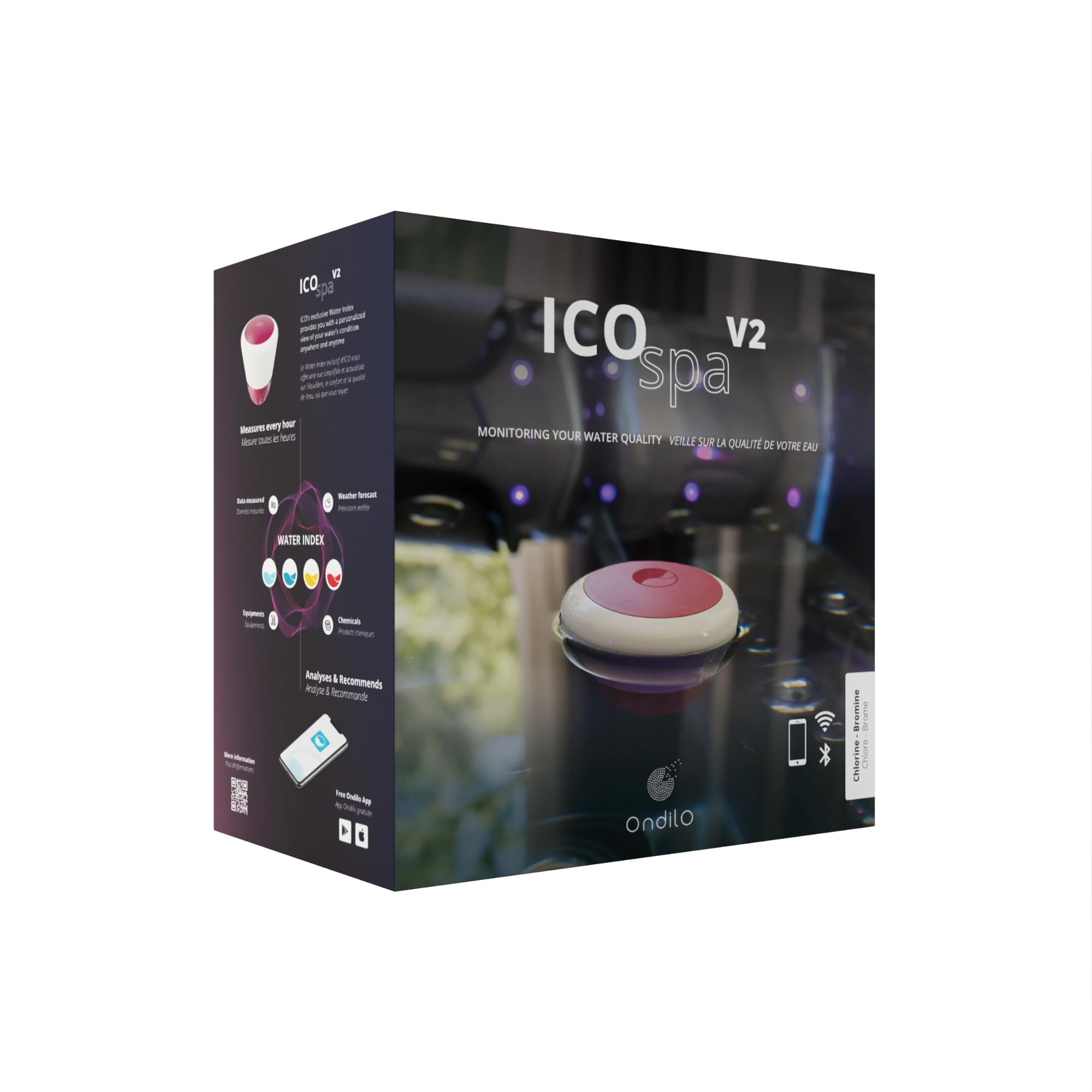 ICO Spa V2 Cloro Bromo - Analizador de agua conectado para spas tratados con cloro o bromo - Medidas 1 vez/hora pH, ORP, temperatura del agua - Recomendaciones para smartphone