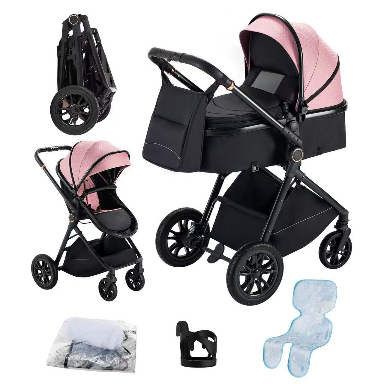 Passeggino rosa fino a 22 kg, pieghevole e reversibile, telaio in metallo leggero, pieghevole con una sola mano, schienale regolabile, pieghevole compatto, per neonati 0-4 anni
