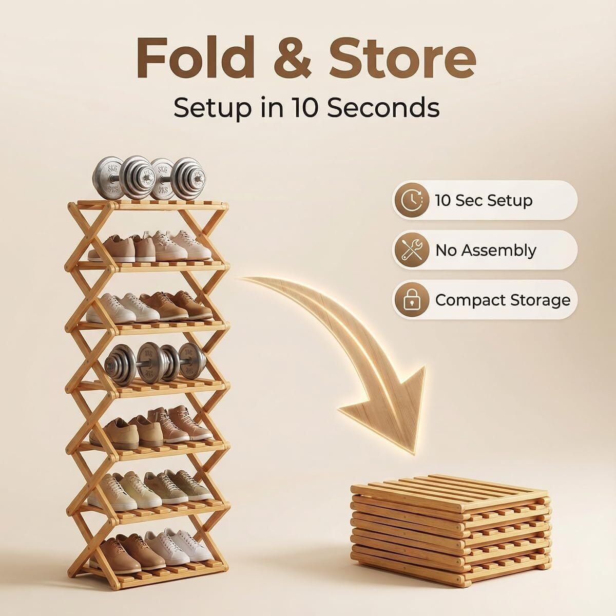 The 9-Tier No-Assembly Bamboo Rack, 3-9 Tiers Bamboo Shoe Rack, Foldable Bamboo Vertical Shoe Organizer, Multifunctional & Space-Saving, for Entryway, Closet, Corner, Bedroom, Hallway (Wood, 3Tiers)