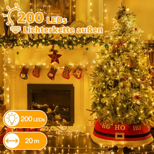Ollny Lichterkette außen 20m 200LED, Lichterkette Weihnachtsbaum mit Fernbedienung und Timer, 8 Modi IP44 wasserdicht innen mit Stecker Weihnachten Hochzeit Party (Warmweiß)