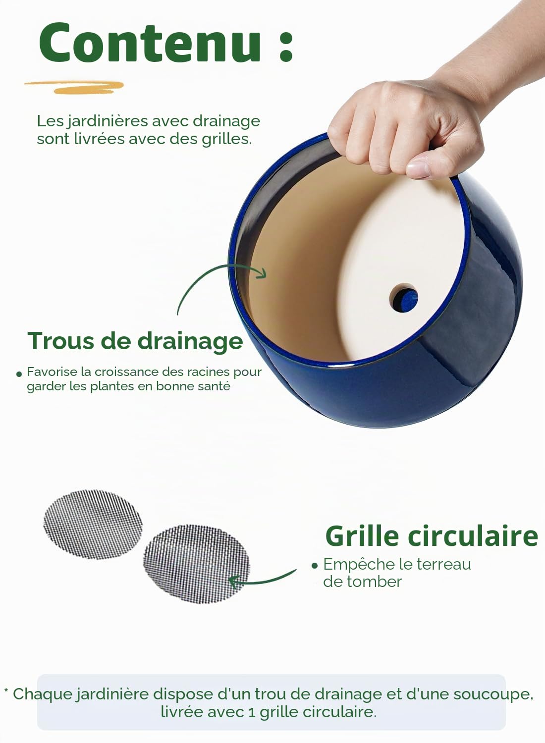 LE TAUCI Pot de Fleurs en Céramique, 11+13+17 cm, Lot de 3, Pot avec Trou de Drainage et Soucoupe, Pot d’Intérieur avec Tapis en Maille, Cadeau pour la Fête des Mères, Bleu Saphir