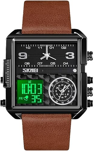 SKMEI Reloj deportivo digital para hombre, reloj de pulsera de cuarzo analógico cuadrado LED de cara grande con cronómetro impermeable multihorario
