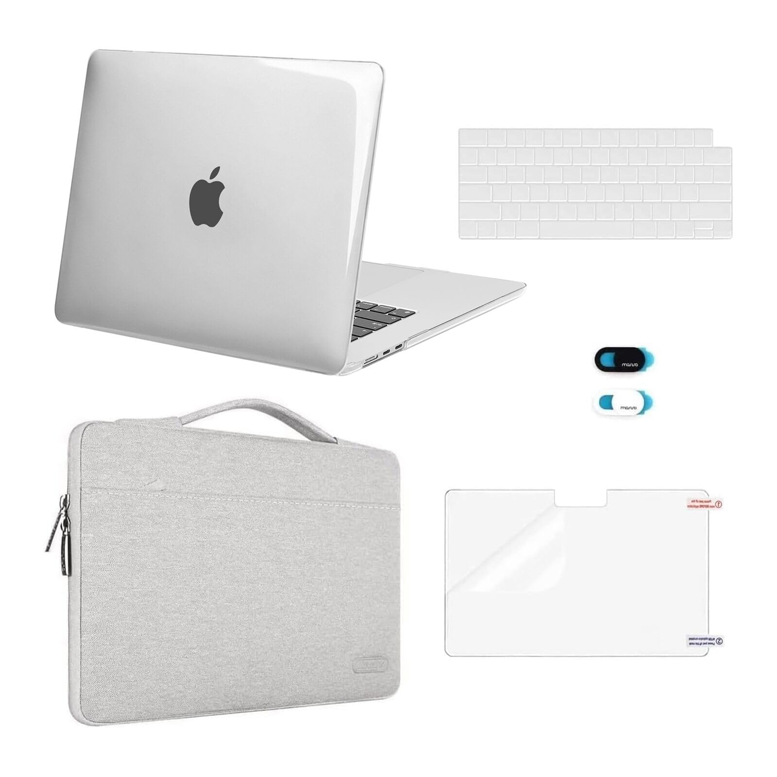 MOSISO Compatible with MacBook Air 15 inch Case 2025 2024 2023 Release M4 A3241 M3 A3114 M2 A2941, Plastic Hard Shell&Carrying Sleeve Bag&Keyboard Cover&Webcam Cover&Screen Protector, Clear&Gray