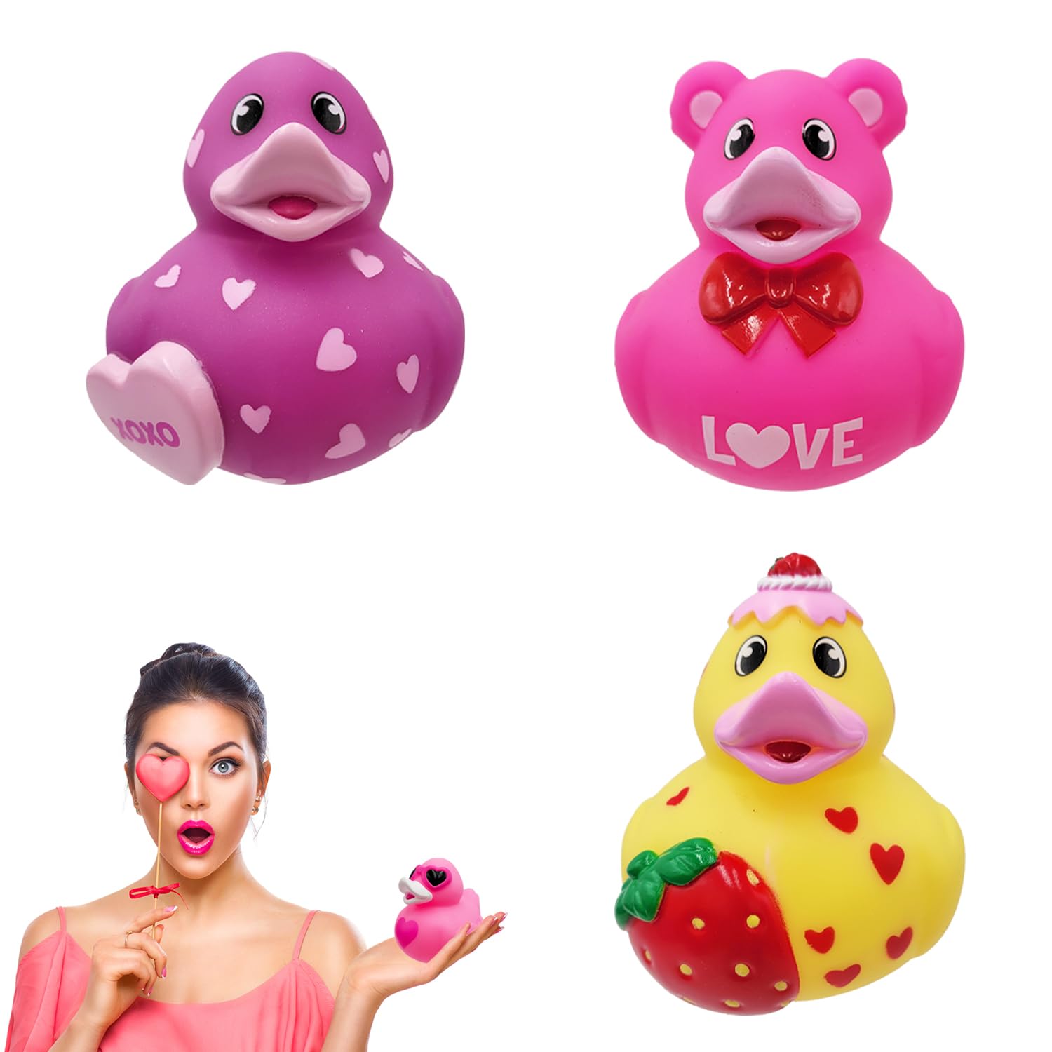 Valentine's Day Rubber Duck Toy Duckies for Kids, Assorted Designs with Salutations, Bath Birthday Gifts Baby Showers Classroom Summer Beach and Pool Activity, 3.5" (3-Pack)