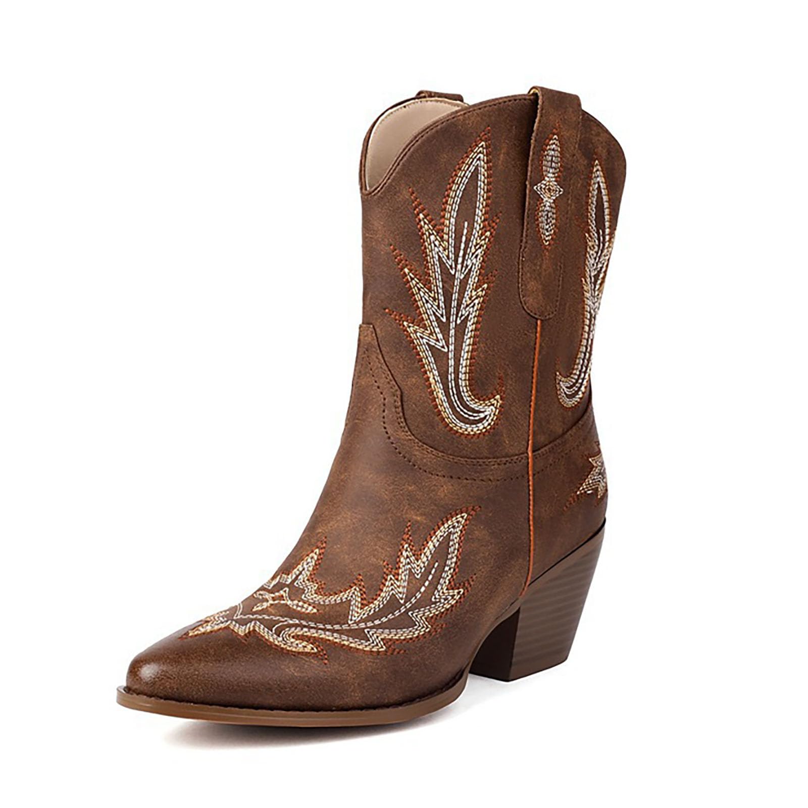 Womens Leather Embroidery Block-Heeled Western Cowgirl Boots Stylish Pointed-Toe Non-Slip Slip-On Mid-Calf Ankle Boots Vintage Country-Style Concert Disco