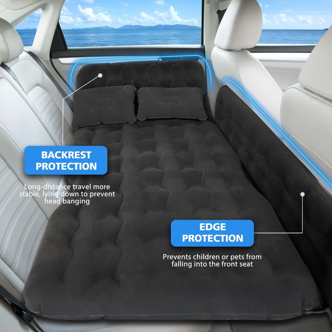 Car Air Mattress - Inflatable Camping Bed Compatible with Tesla Model Y, Thickened Flocked AirBed for Trunk/Backseat/Sedan/SUV/RV, Sleeping Pad with Pump and 2 Pillows for Camping Travel Outdoor Beige