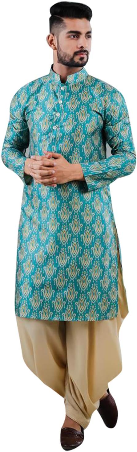 Elina fashionMen's Satin Cotton Kurta Pajama Set Tunic Indian Traditional Festival Kurta Payjama Wear