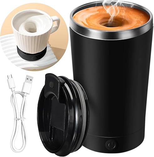 Taza de café eléctrica, taza mezcladora automática de acero inoxidable de 13.5 fl oz, adecuada para café, leche, cacao y otras bebidas (negro)