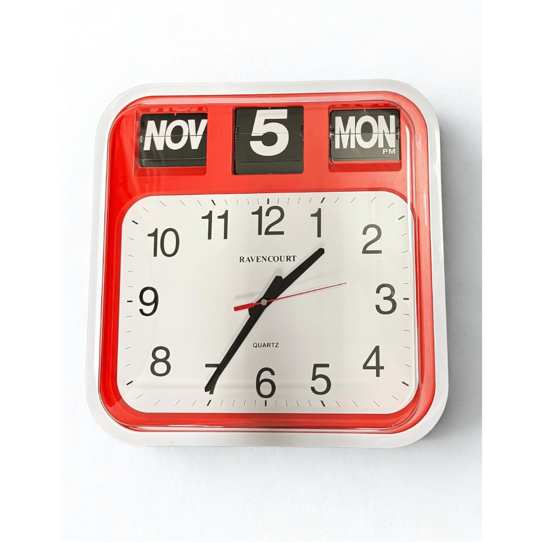Ravencourt - Reloj de pared grande con calendario abatible, reloj de oficina, estilo del sector público, fácil de leer, cara de reloj de alto contraste, cuidado de la demencia, tamaño 42 cm x 44 cm c