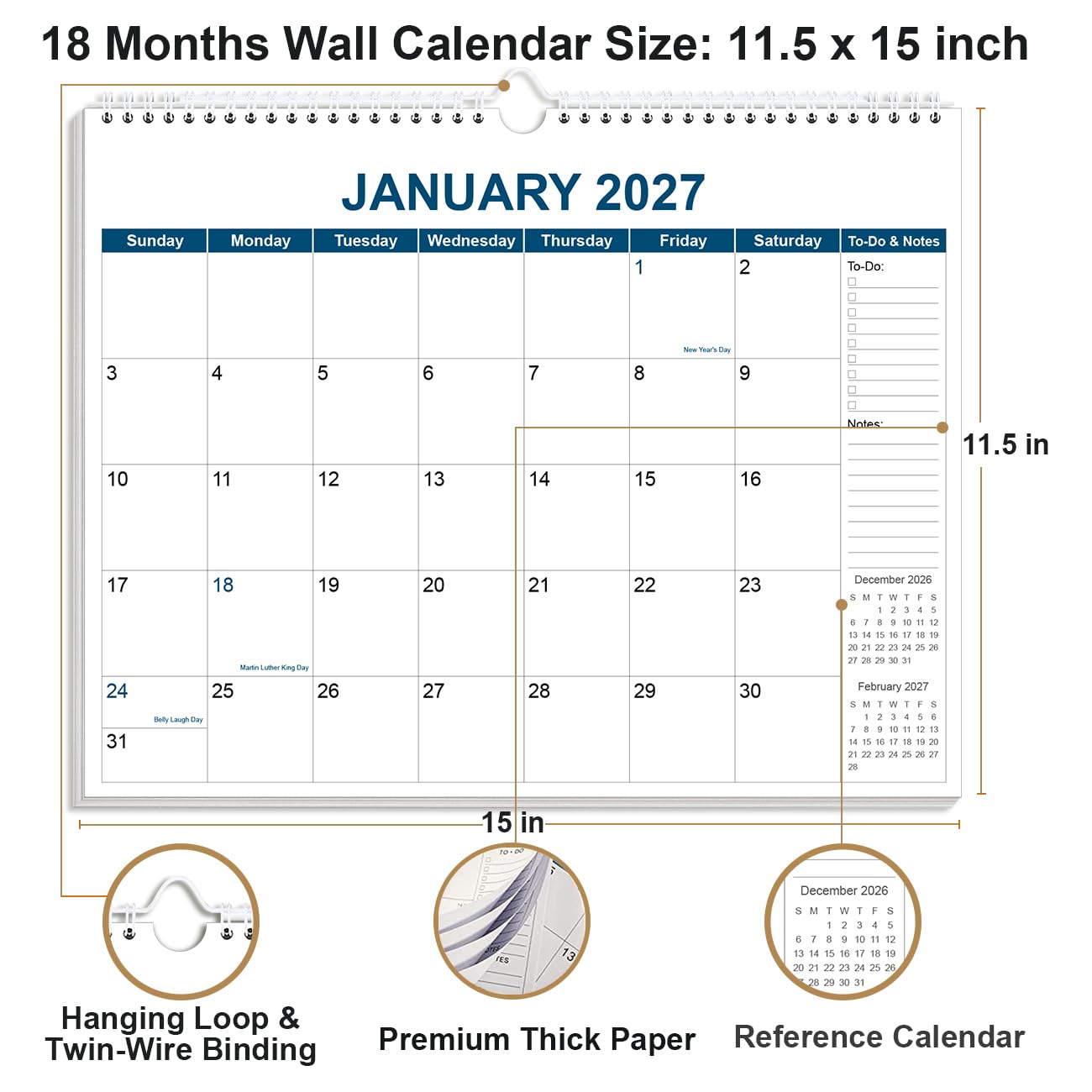 Kalender 2025-2026 - Wandkalender von November 2025 bis Dezember 2026, 2026 Wandbehang Kalender Planer mit dickem Papier, 30,5 x 36,8 cm, Blau