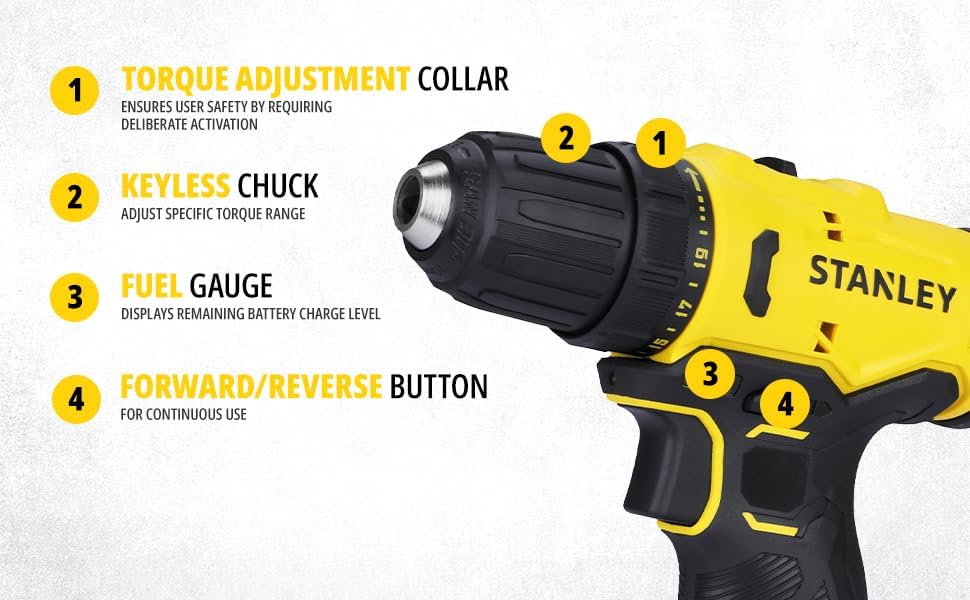 Diagram of STANLEY SCD10D2K-IN Drill Driver with labeled parts: Keyless chuck, Variable speed switch, Forward/reverse slider, Battery