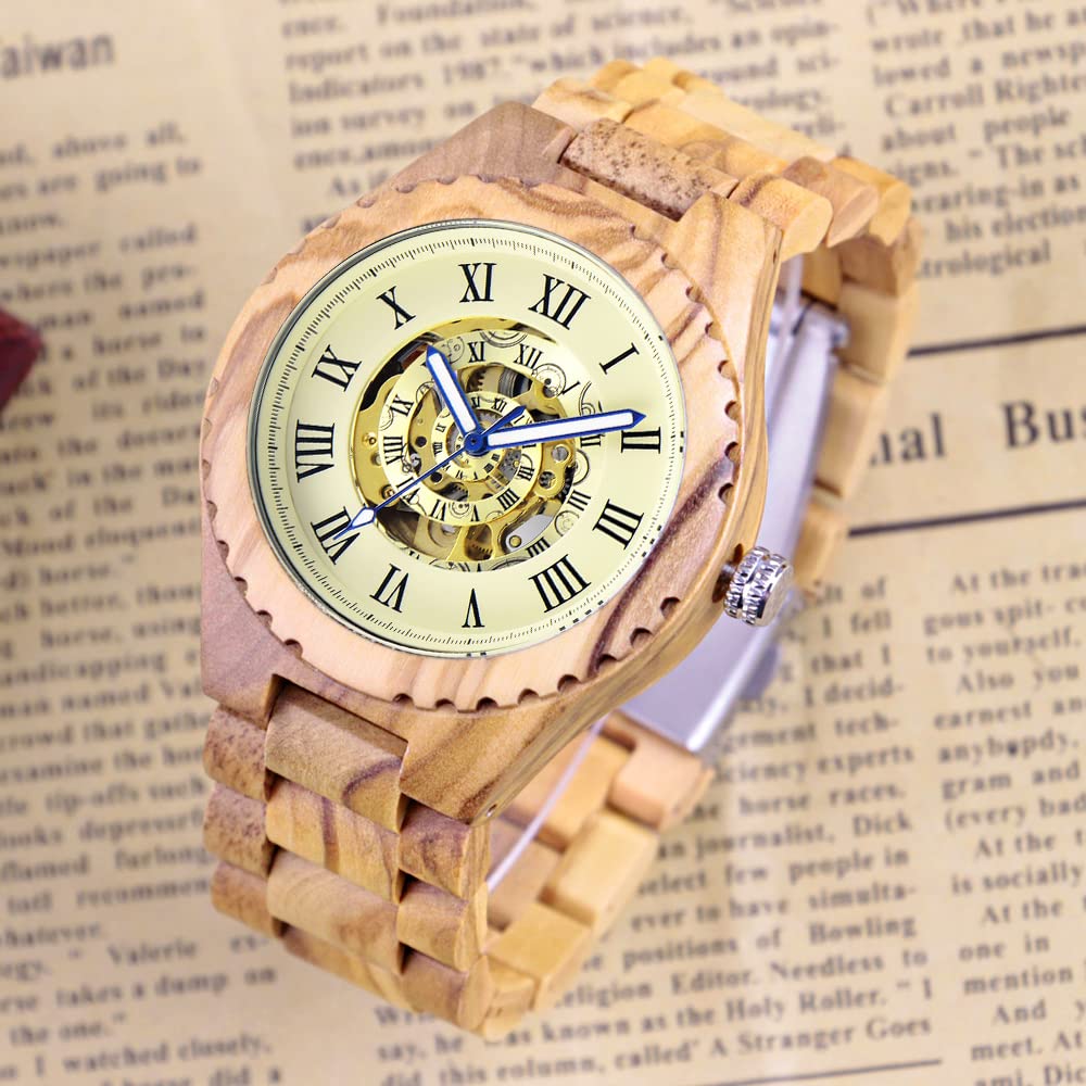 Relojes de madera para hombre, mecánico, automático, movimiento automático, reloj de pulsera para hombre