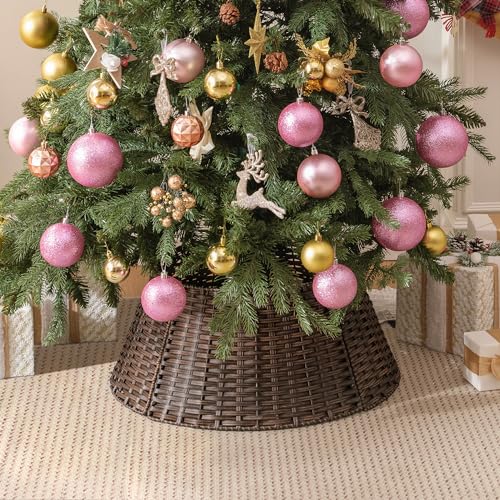 GRANNY SAYS Christmas Wicker Tree Collar for 4-7.5 ft Trees, 22½' D Christmas Tree Stand for Champagne Trees, Beautiful Tree Skirts, Basket for Bottom of Christmas Trees, Brown