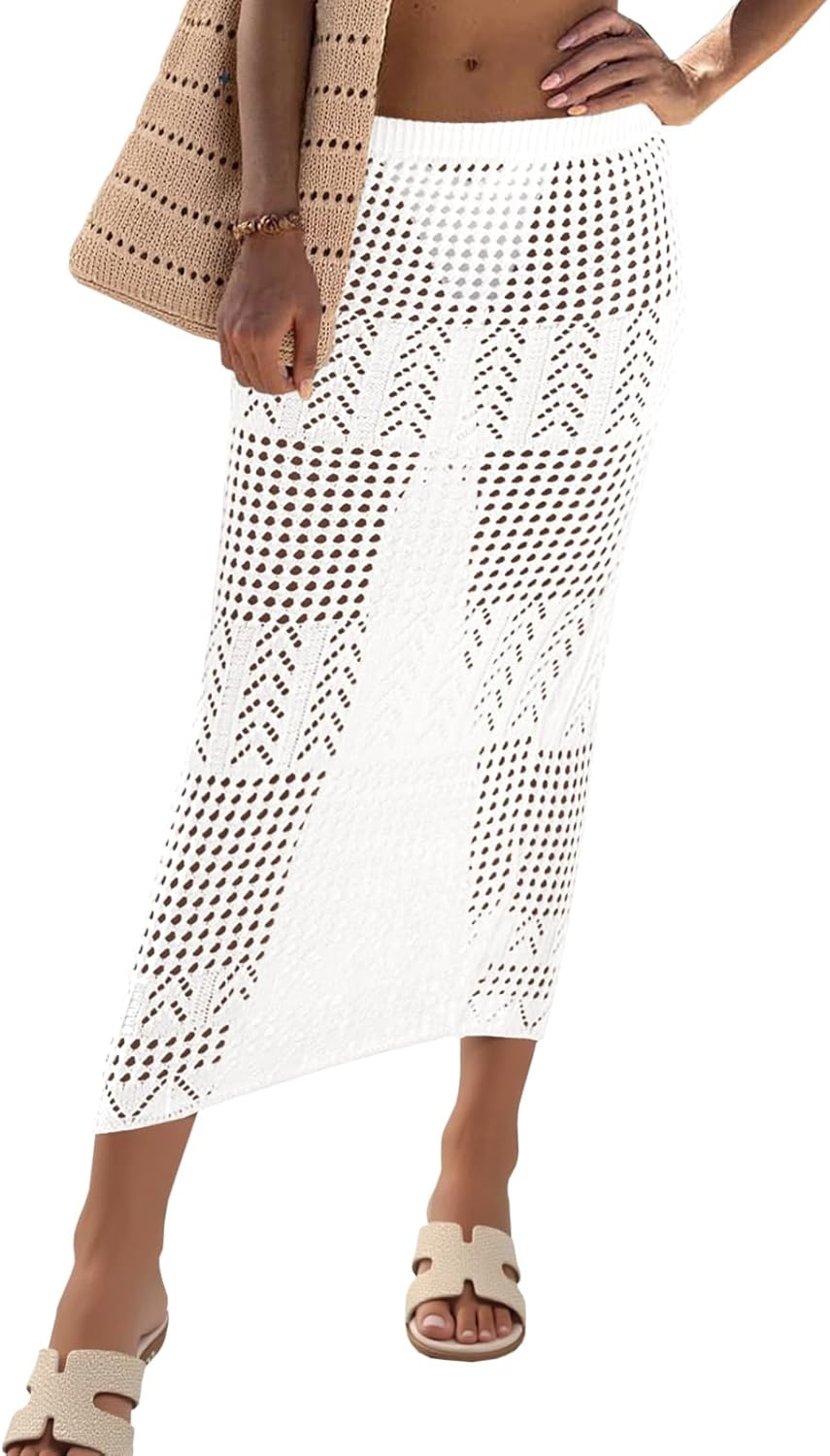Fisoew Womens Crochet Skirt Cover Up High Waist Sheer Mesh Beach Maxi Skirts Hollow Out Knit Swimsuit Coverups Medium White