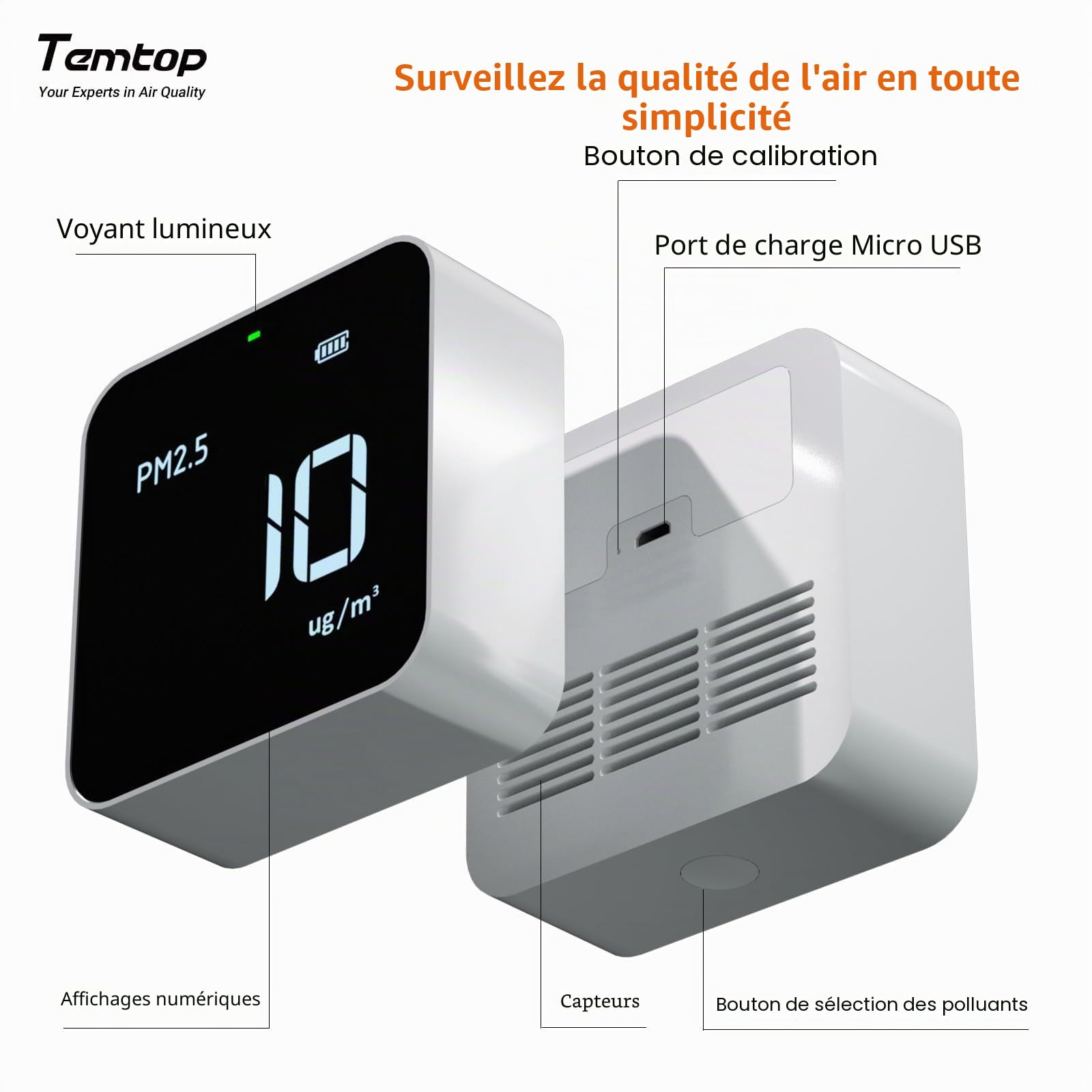 Temtop M10i Détecteur de Qualité de l'air pour PM2,5 HCHO TVOC AQI, Appareil Mesurant de Qualité Air Intérieur Portable Intelligent avec APP