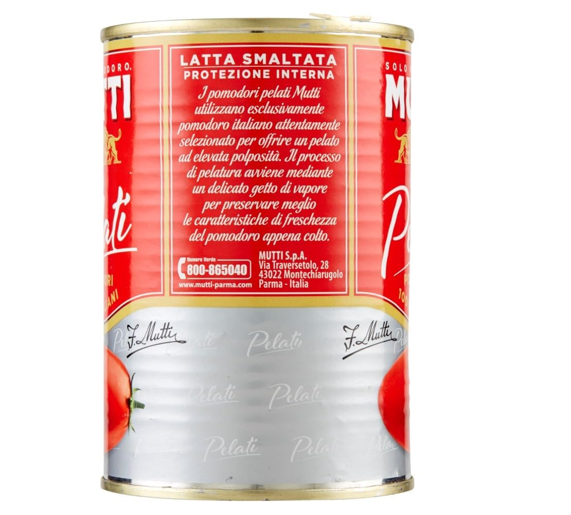 Mutti Pomodori Pelati Tomates pelées 100% tomates italiennes, 24x 400g Canette de sauce aux tomates + Italian Gourmet polpa 400g