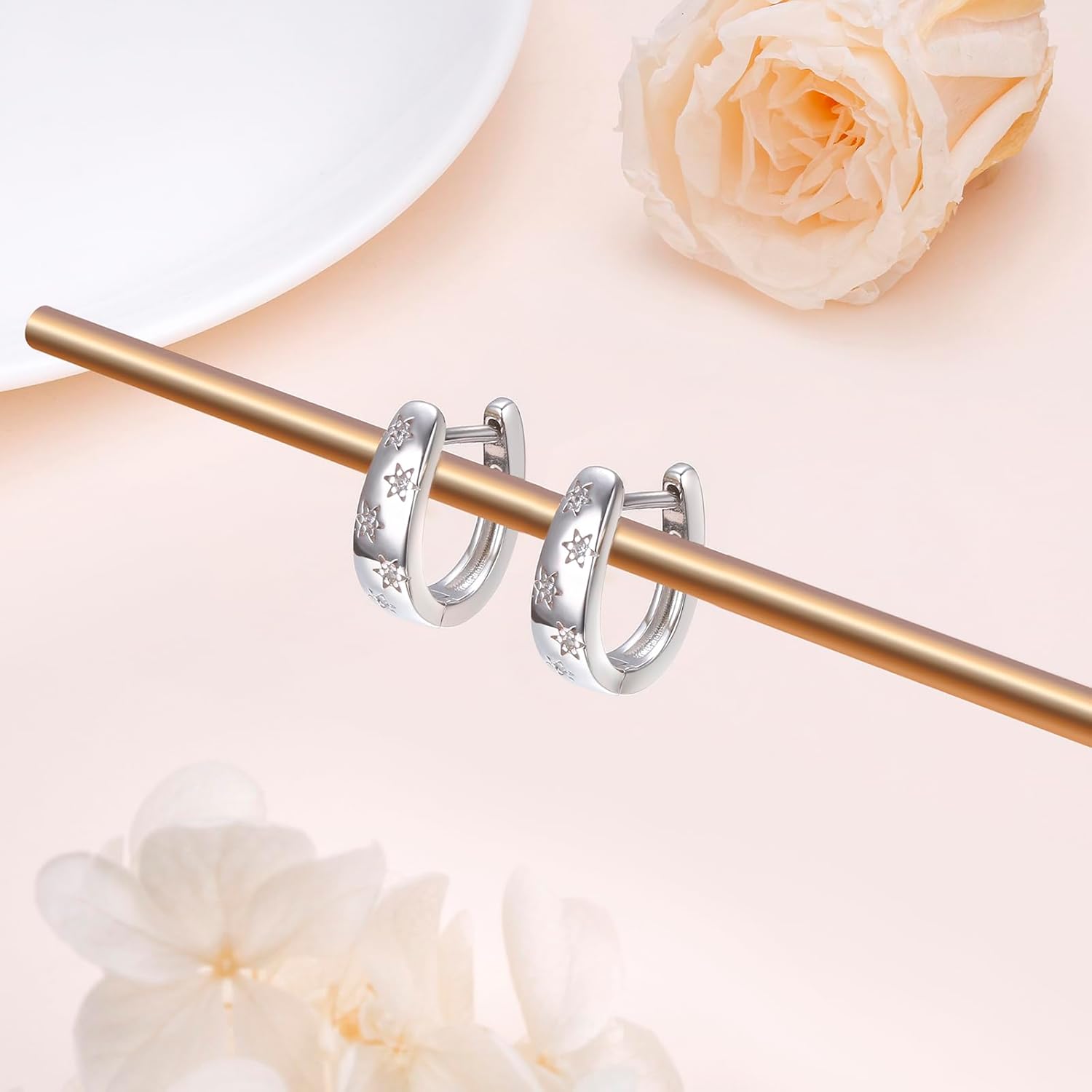 925 Sterling Silver Hoop Earrings Chunky Huggie Statement Earrings with CZ Small Silver Starburst Hoops Jewelry Gift for Women - Image 3