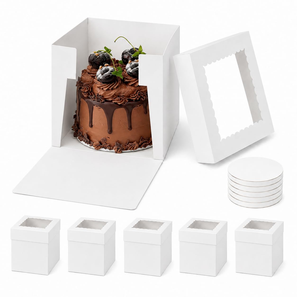 RITOLLO 12 Inch Extra Deep Cake Boxes with Boards, 6 Pack White Window Bakery Boxes for Tall Cakes, Birthdays, Weddings, Transport & Bake Sales (30.5 x 30.5 x 30.5cm)