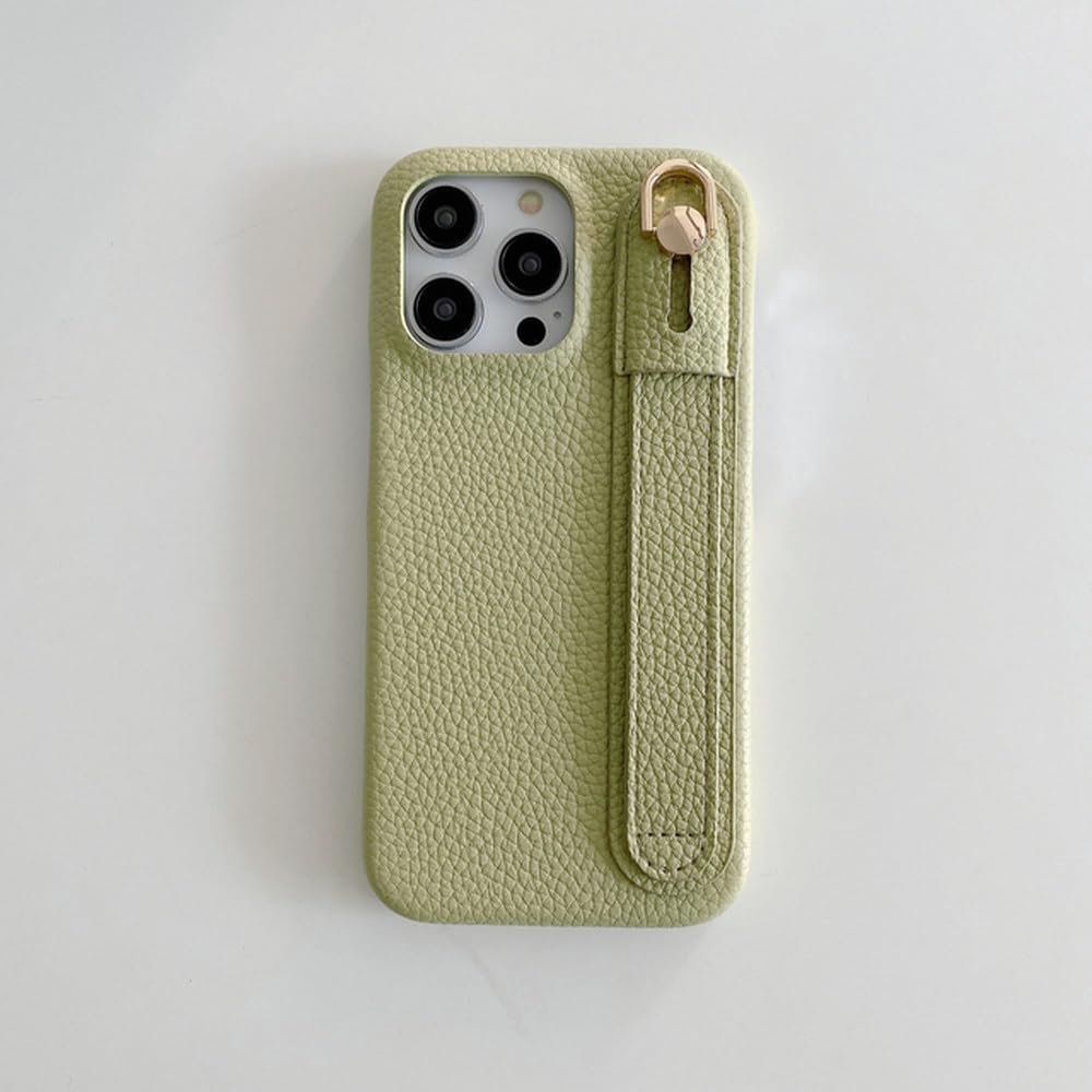 Coque iPhone texturée anti-chute en cuir litchi vert avec dragonne - 7