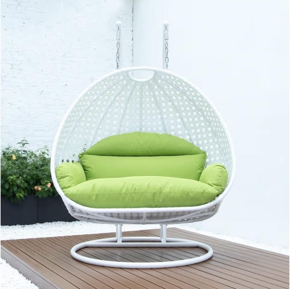Image of Double Seater Hammock Swing Chair with Stand & Cushion | Heavy Duty Powder Coated Steel Frame | Outdoor Indoor Hanging Swing for Patio Balcony Garden Terrace Living Room (White-Light.Green)