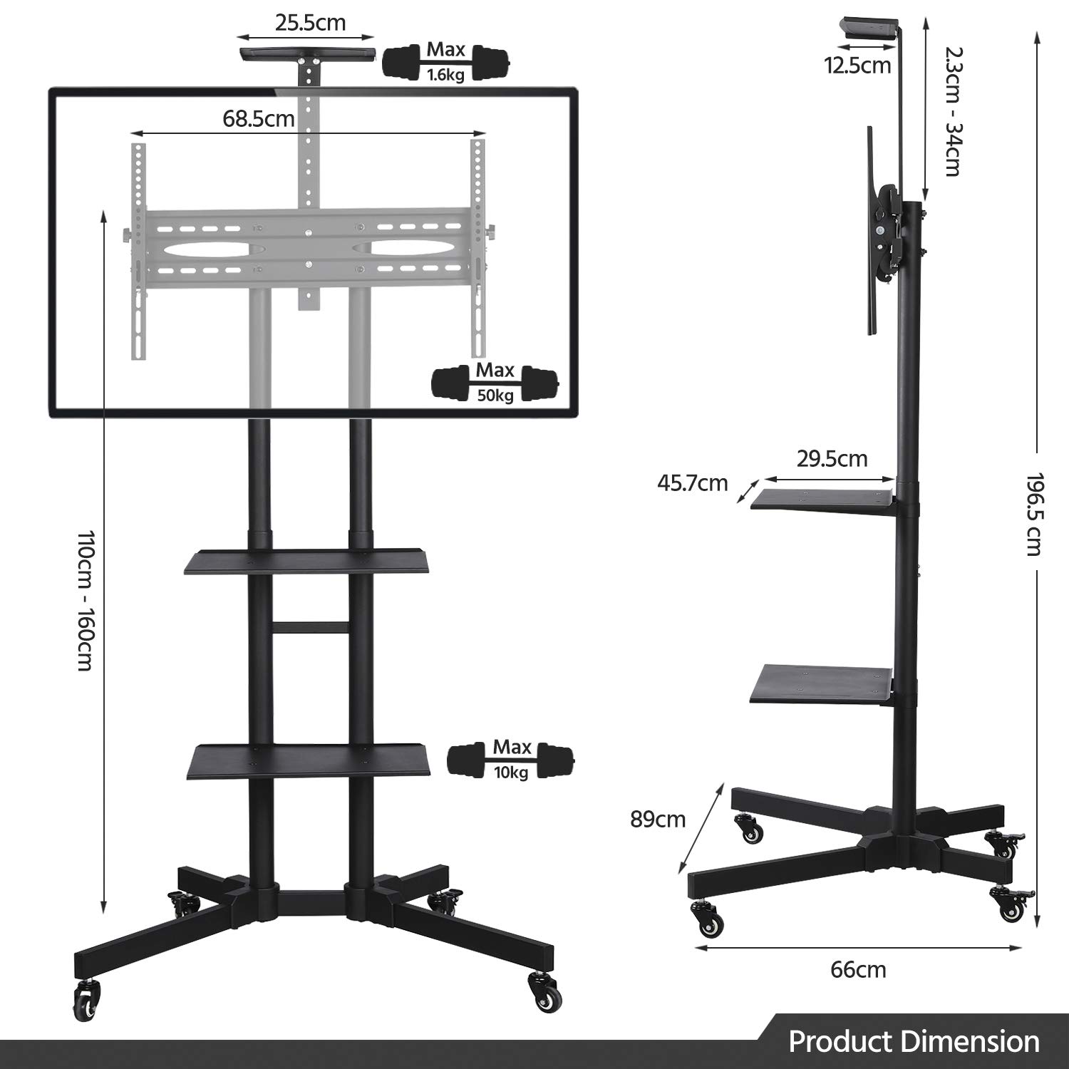 Yaheetech Supporto/Carrello TV Pavimento per Schermi LCD/LED/PLASMA 30-60 Pollici con Ruote Portata 50 kg Max VESA 600 x 400 mm 3 Ripiani Altezza Regolabile Gestione di Cavi Portata 50 kg