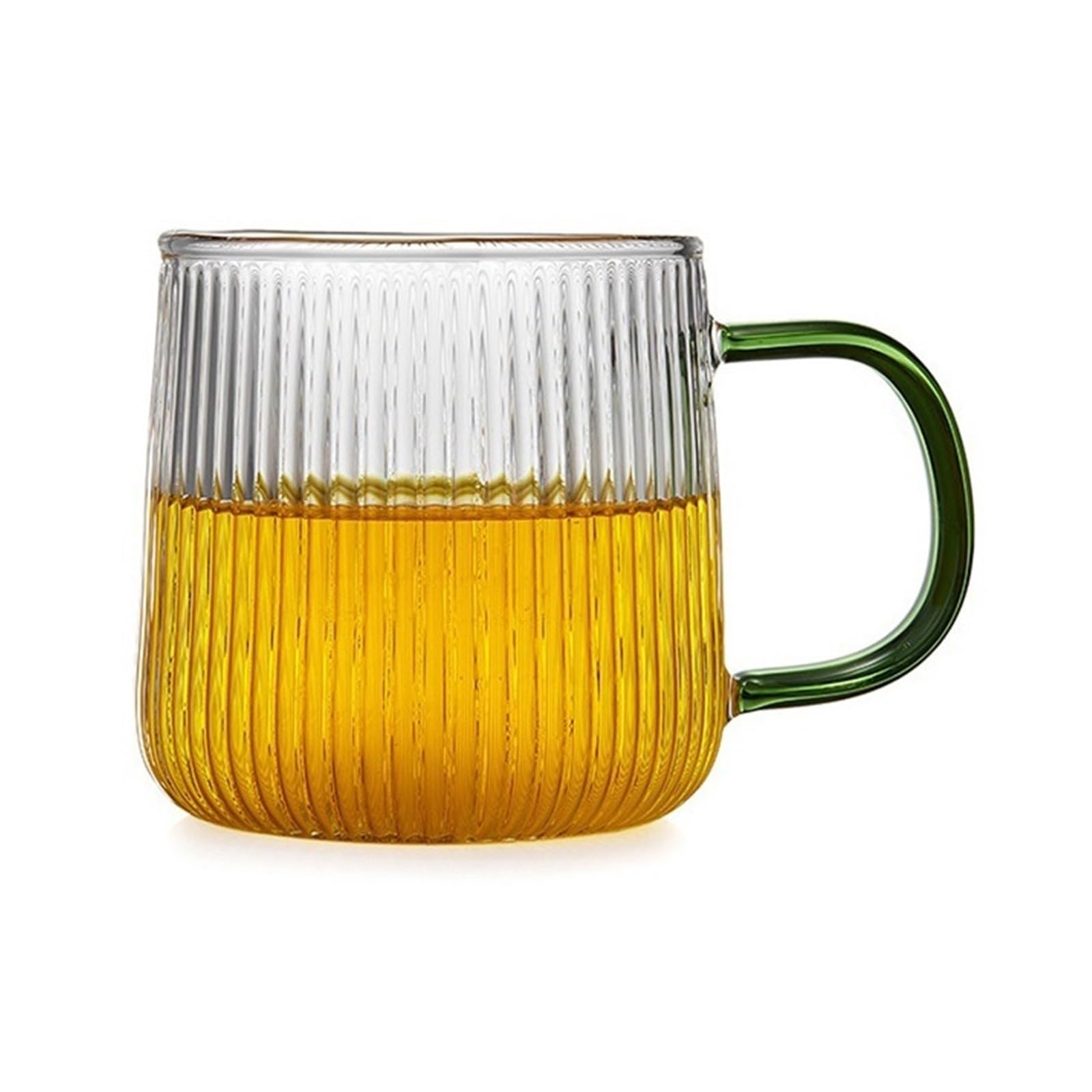 Vasos de agua estilo taza de vidrio transparente con rayas verticales y asa verde
