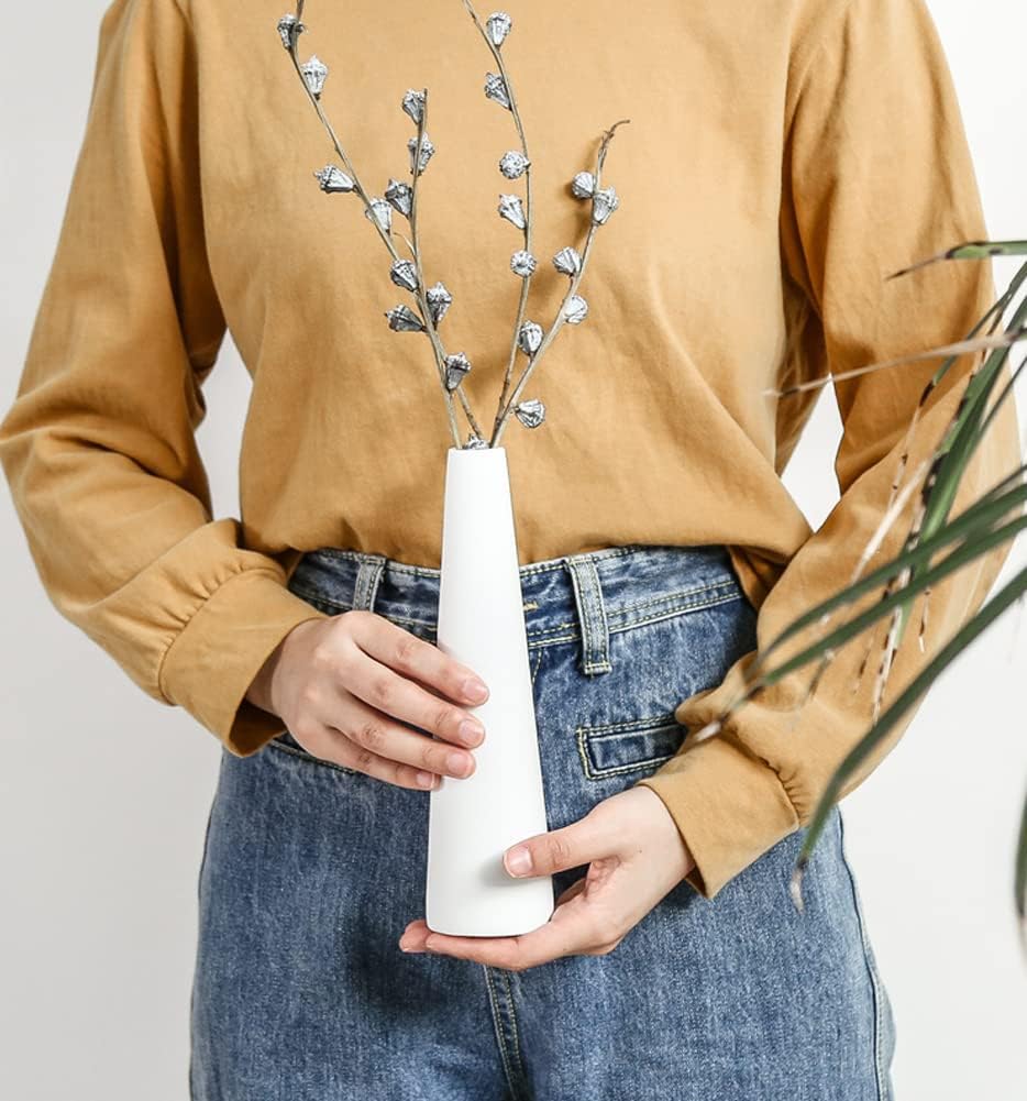 23CM White Ceramic Tall Conic Flower Vase Decorative Floral Vase Taper Vase Table Top Small Narrow Neck Vases for Home Wedding Table Bedroom Living Room Office Desk - Image 4