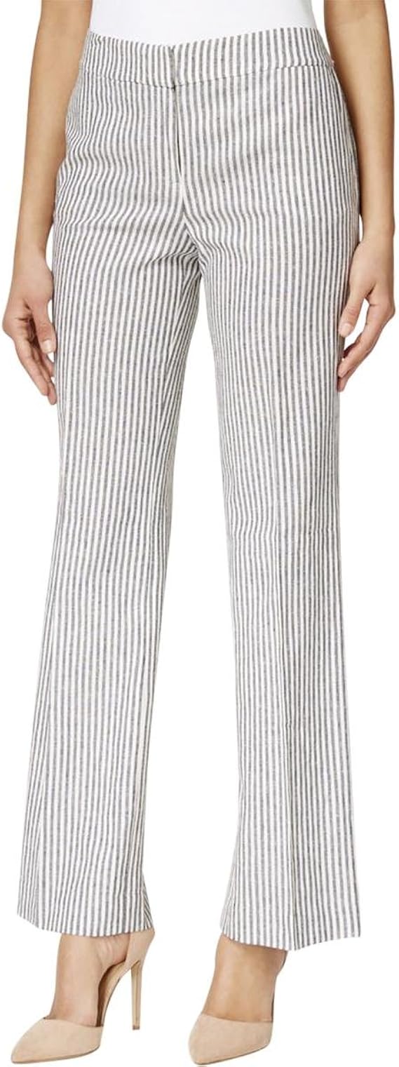 Nine West Womens Linen Striped Straight Leg Pants Navy 2 at Amazon