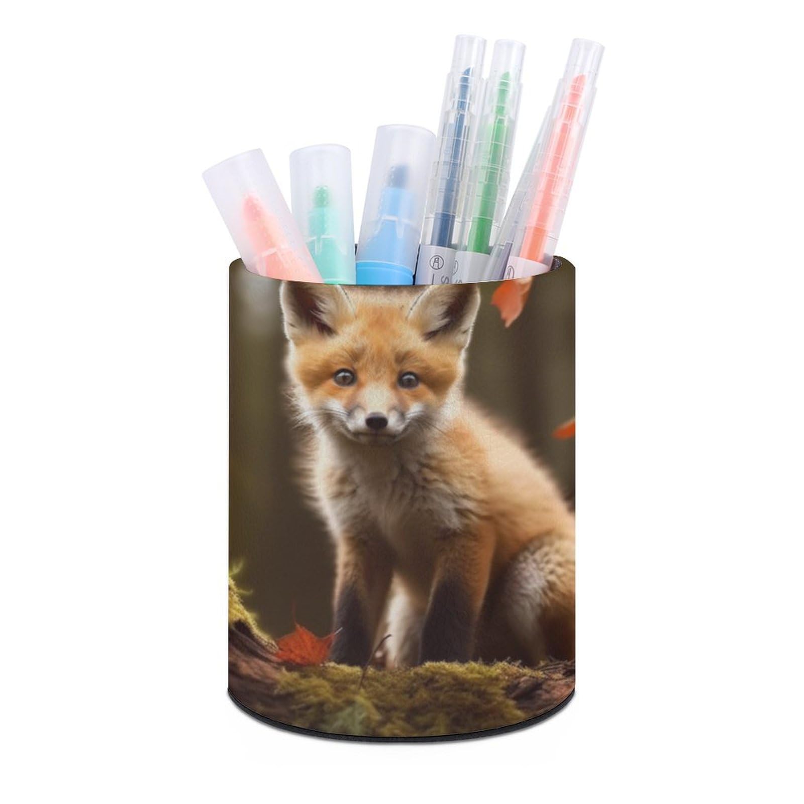 JTREHY Round Pen Holder,Cute Fox Printed Makeup Brush Storage Box Desktop Stationery Storage Cup Office Accessories Storage Box Pencil Storage Box for Home Office Dressing Table