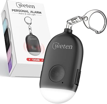 Weten Rechargeable Personal Alarm Keychain - 130dB Siren & LED Light - Stylish Personal Safety Alert for Women to Carry - Panic Button Alarm for Security - Rape Whistle for Self Defense Black