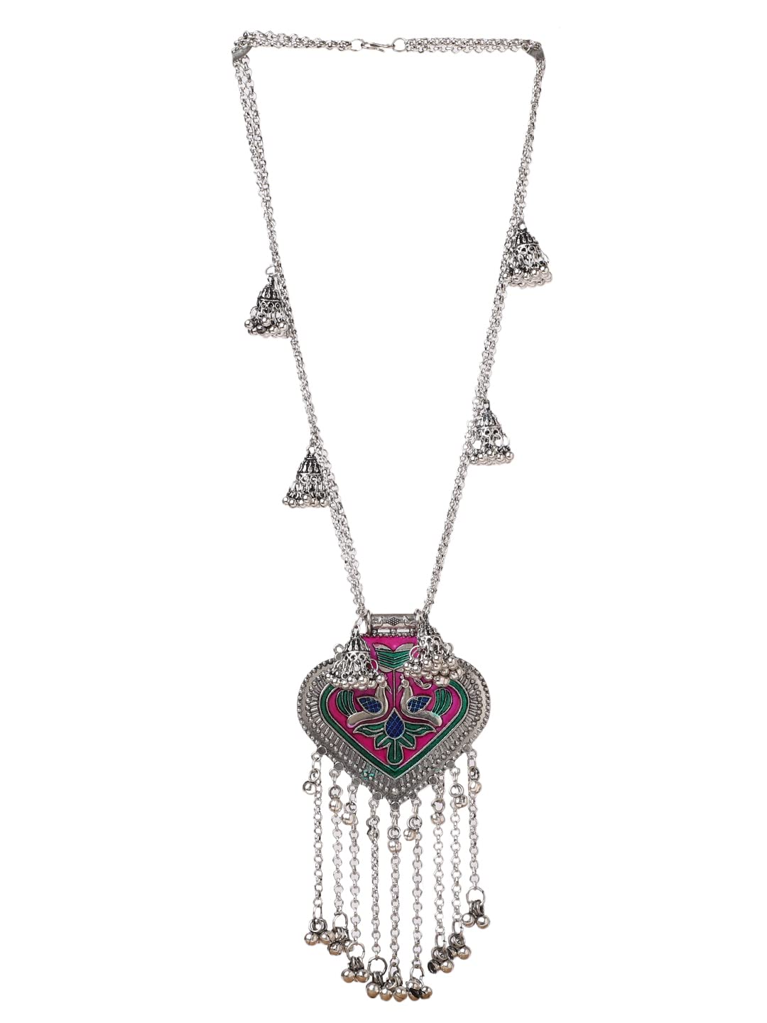 Oxidized Silver Meena Paan Pendant Pink Necklace for Women Girls-image-17