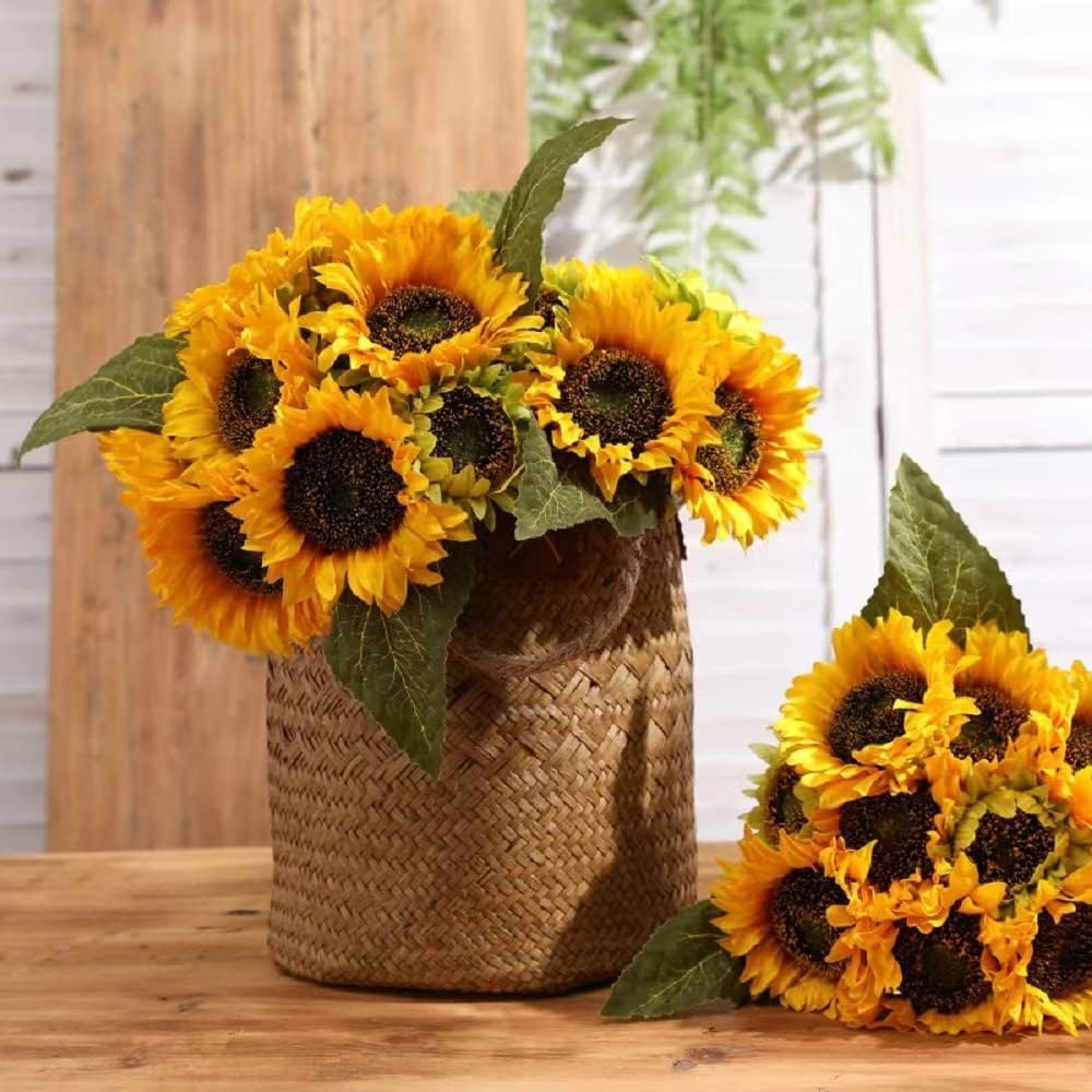 Laelfe 12Pcs Artificial Sunflower Flowers Long Stem Silk Fake Sunflowers Decoration for Outdoor Home Wedding Birthday Party Single Bulk Yellow Decor(Dark Center)
