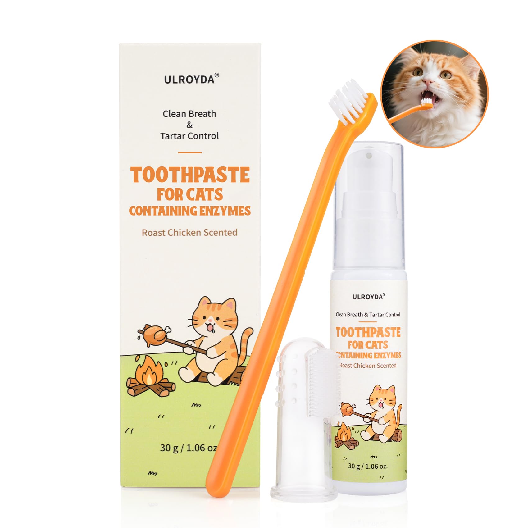 Enzymatic Cat Toothpaste Kit – Roast Chicken Flavor Dental Care for Cats & Kittens | Fights Plaque, Tartar & Bad Breath | Includes Toothbrush & Finger Brush, 1.06 oz