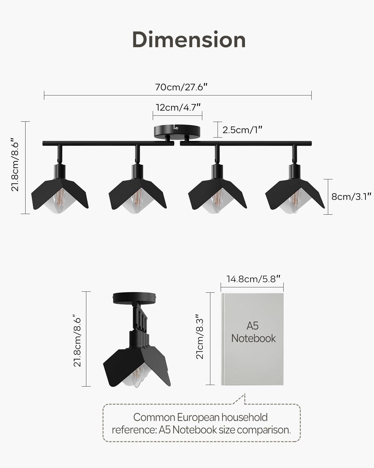 LVWIT Plafoniera 4 Faretti Orientabili, Faretto da Soffitto E14, Faretti LED Soffitto Nero(Senza Lampadina)