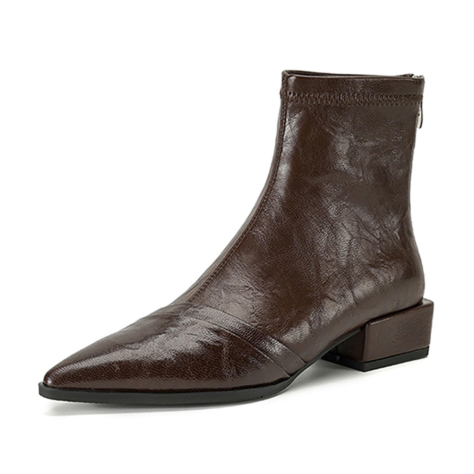 Womens Winter Warm Plush-Lined Leather Chunky Ankle Boots With Back Zipper 1 37-Inch Stylish Handmade Pointed-Toe Low-Heeled Non-Slip