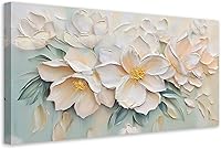Anolyfi Textured White Flowers Canvas Wall Art 40x20 - Modern Sage Florals Print for Living Room, Bedroom, Office Decor & Christmas Gifts