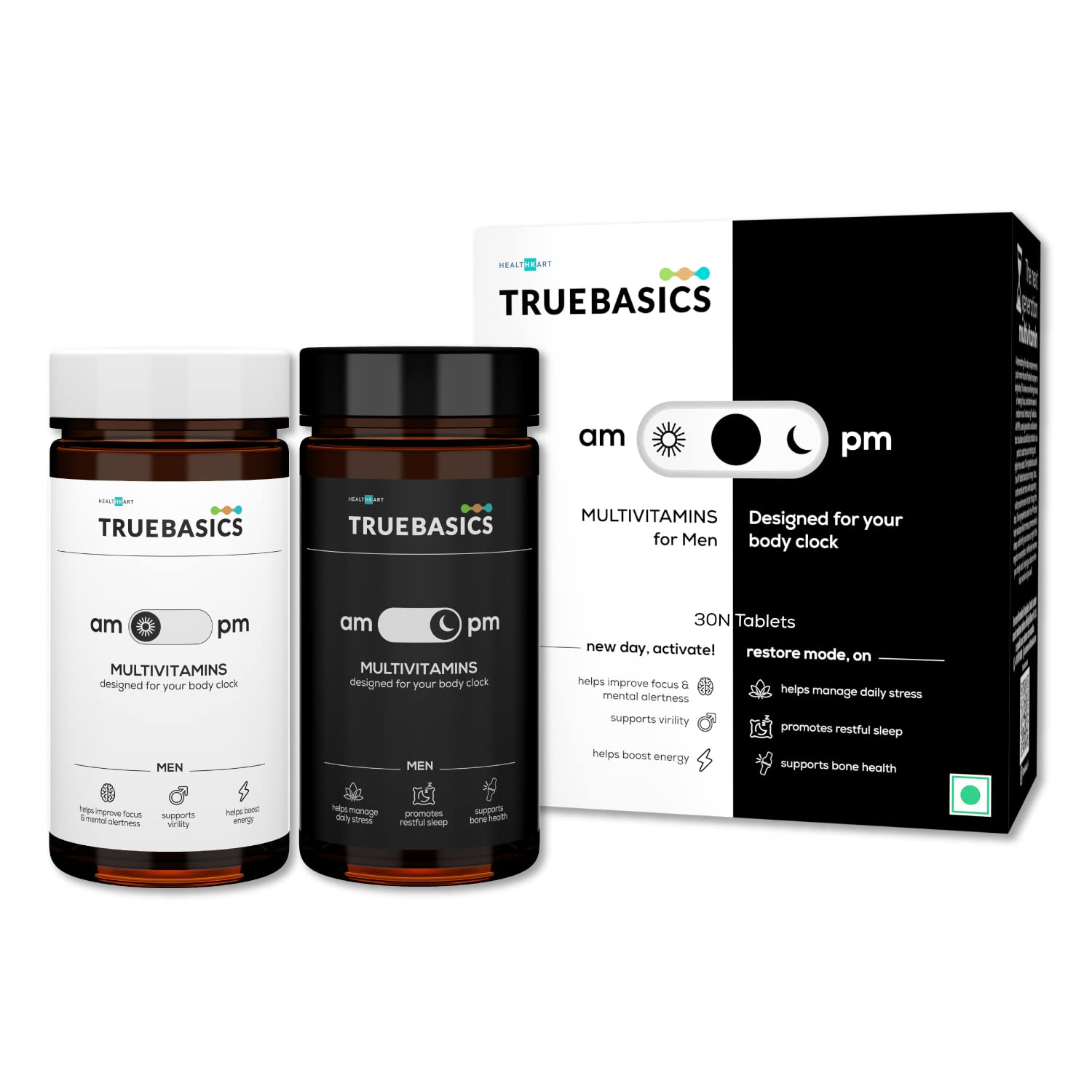 TrueBasics am:pm Multivitamin for Men, Energetic Day Formula & Relaxing Night Formula, with KSM 66 Ashwagandha & EnXtra, for Energy, Focus, & Restful Sleep, Clinically Researched, 30 Tablets