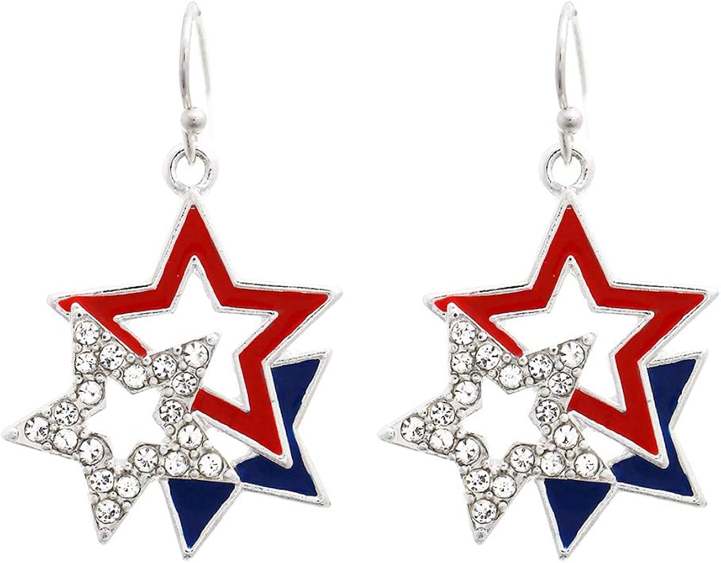 Rosemarie Collections Aretes colgantes de estrellas con bandera estadounidense roja, blanca y azul, 1.44 pulgadas, Esmalte, cristal