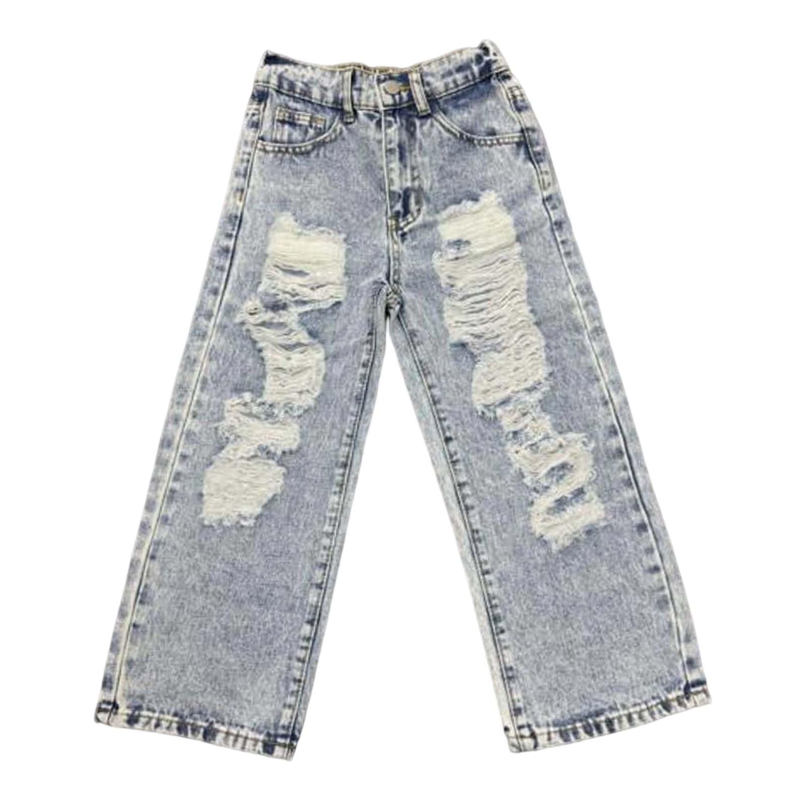 Generico Jeans Bambina 6-13 Anni Larghi Dritto Strappati Pantaloni Jeans Denim Ragazza Elastico in Vita Alta Comfort Pantaloni Lavoro Cargo Ampia Invernali con Tasconi Hip Hop Outdoor