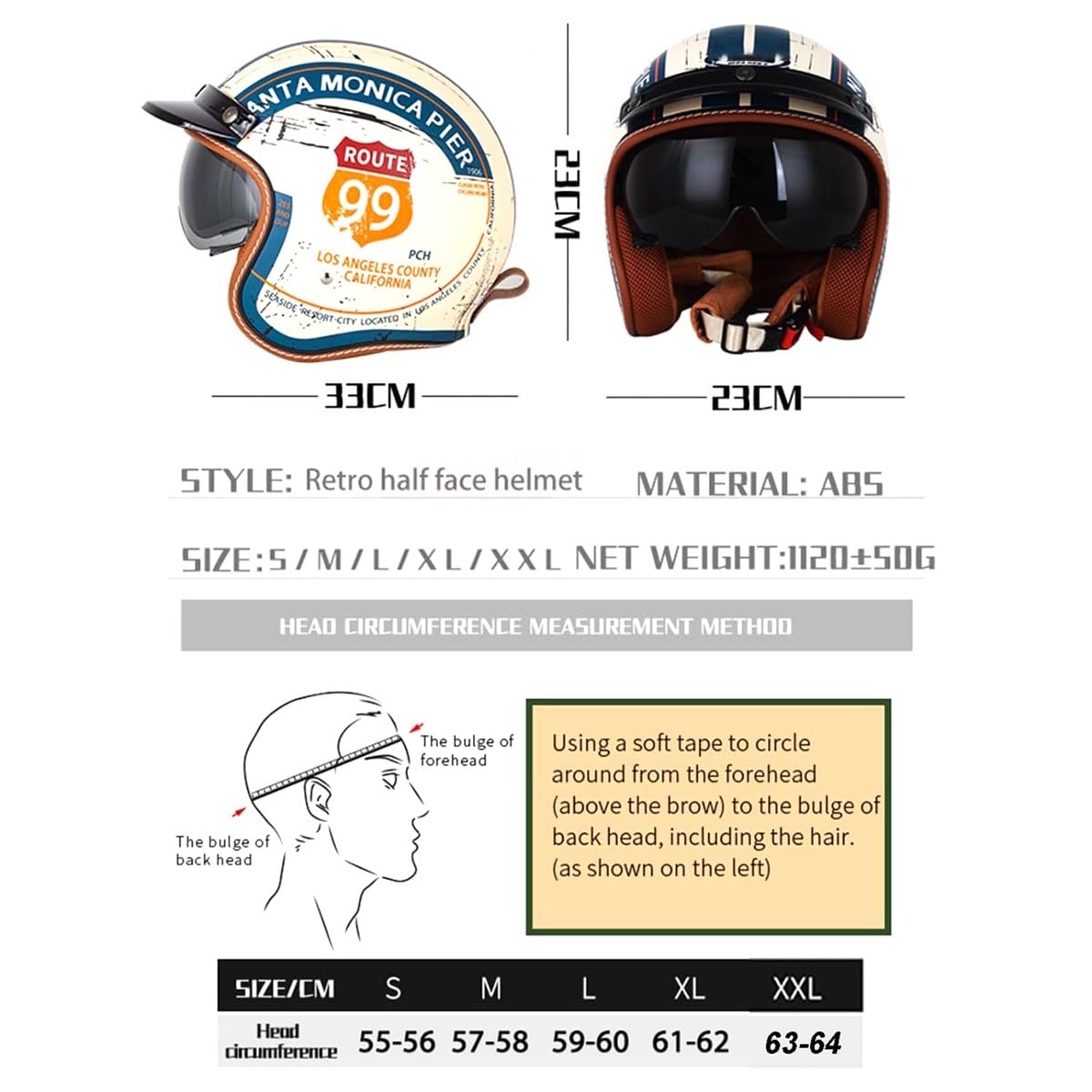Casco Moto Jet Homologado ECE con Gafas Retro, Casco Scooter 3/4 Vintage para Ciclomotor Cafe Racer Custom Cruiser Clásico Hombre Mujer